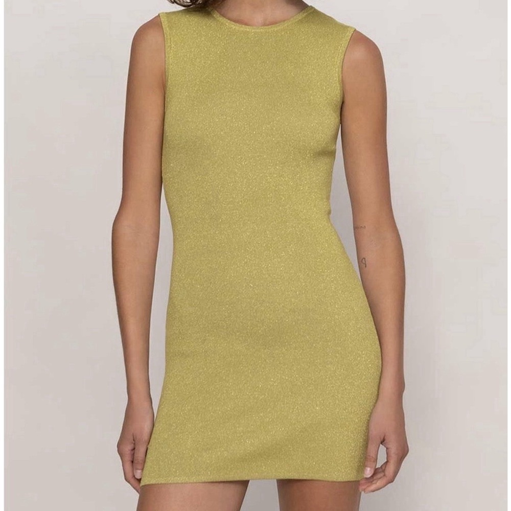 Posse Sutton Metallic Green Bodycon Knit Mini Dress Olive Stretch $220 Sz L
